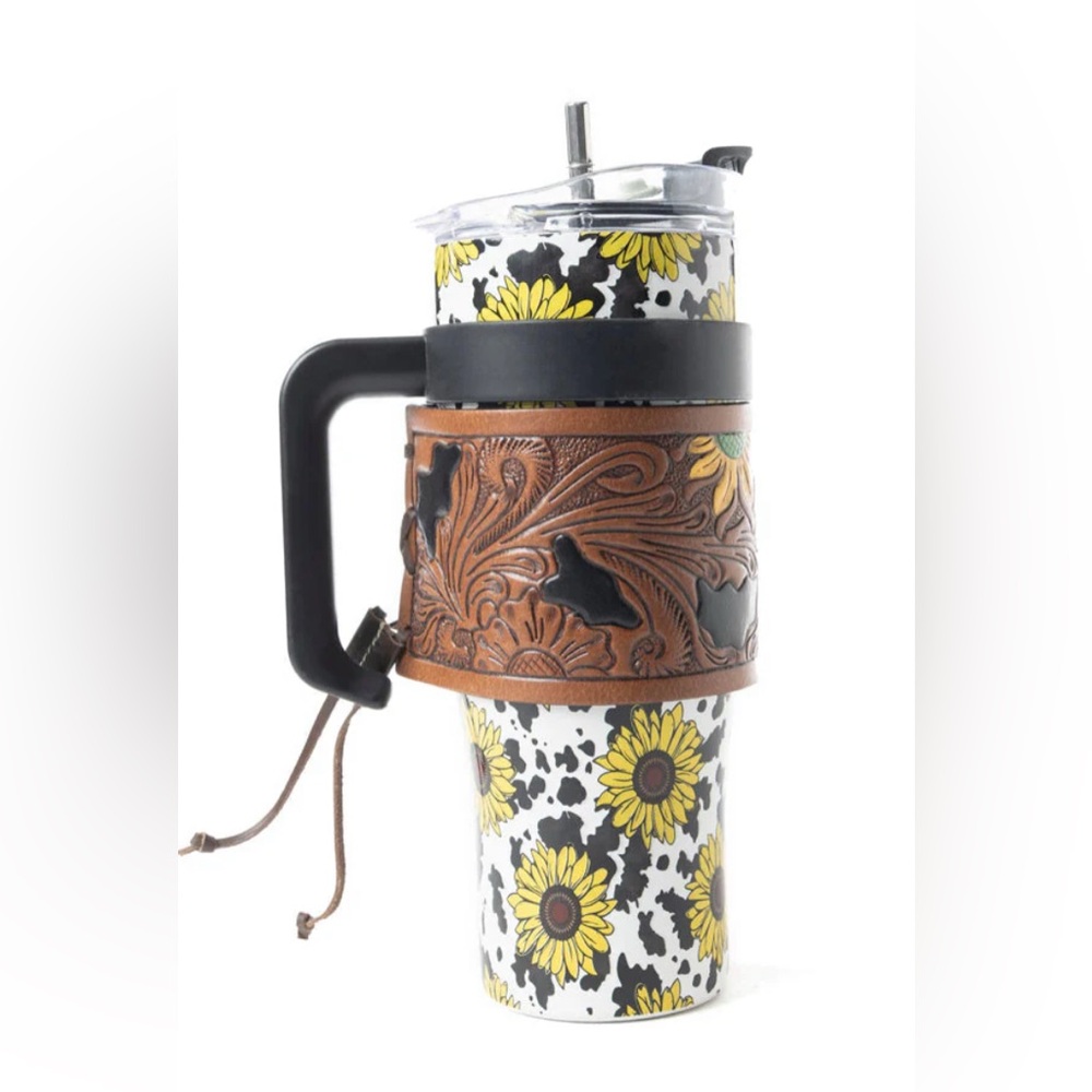 NWT Myra Sunflower Travel Mug with Black Lid and Handle Hand Tooled Leather Wrap